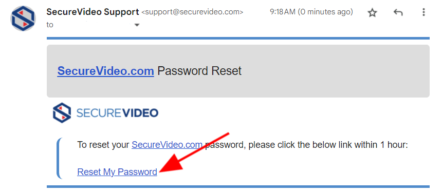 Reset password email example, with an arrow pointing to the "Reset My Password" link.