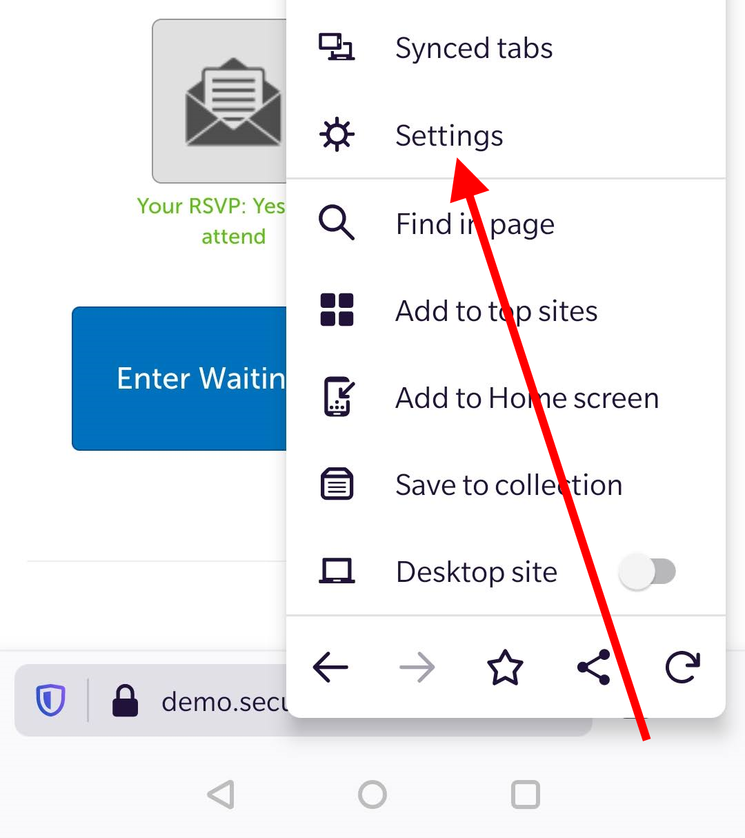 Arrow pointing at "Settings"