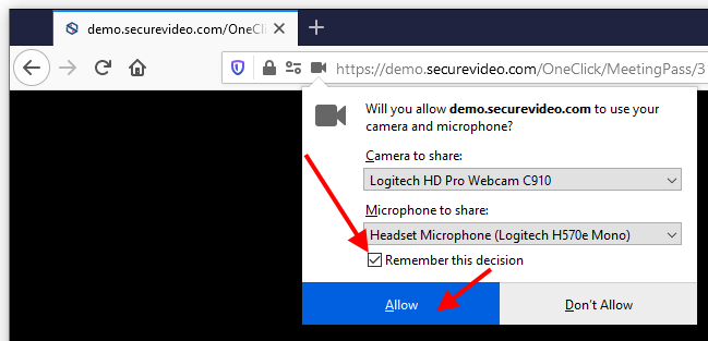 Arrow pointing at checkbox for 'Remember this decision' and then the 'Allow' button for Firefox prompt to use microphone and camera