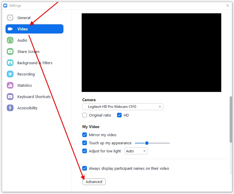 Arrow pointing at video settings selection, then at Advanced button