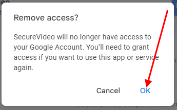 Arrow pointing at OK on Remove access? confirmation message
